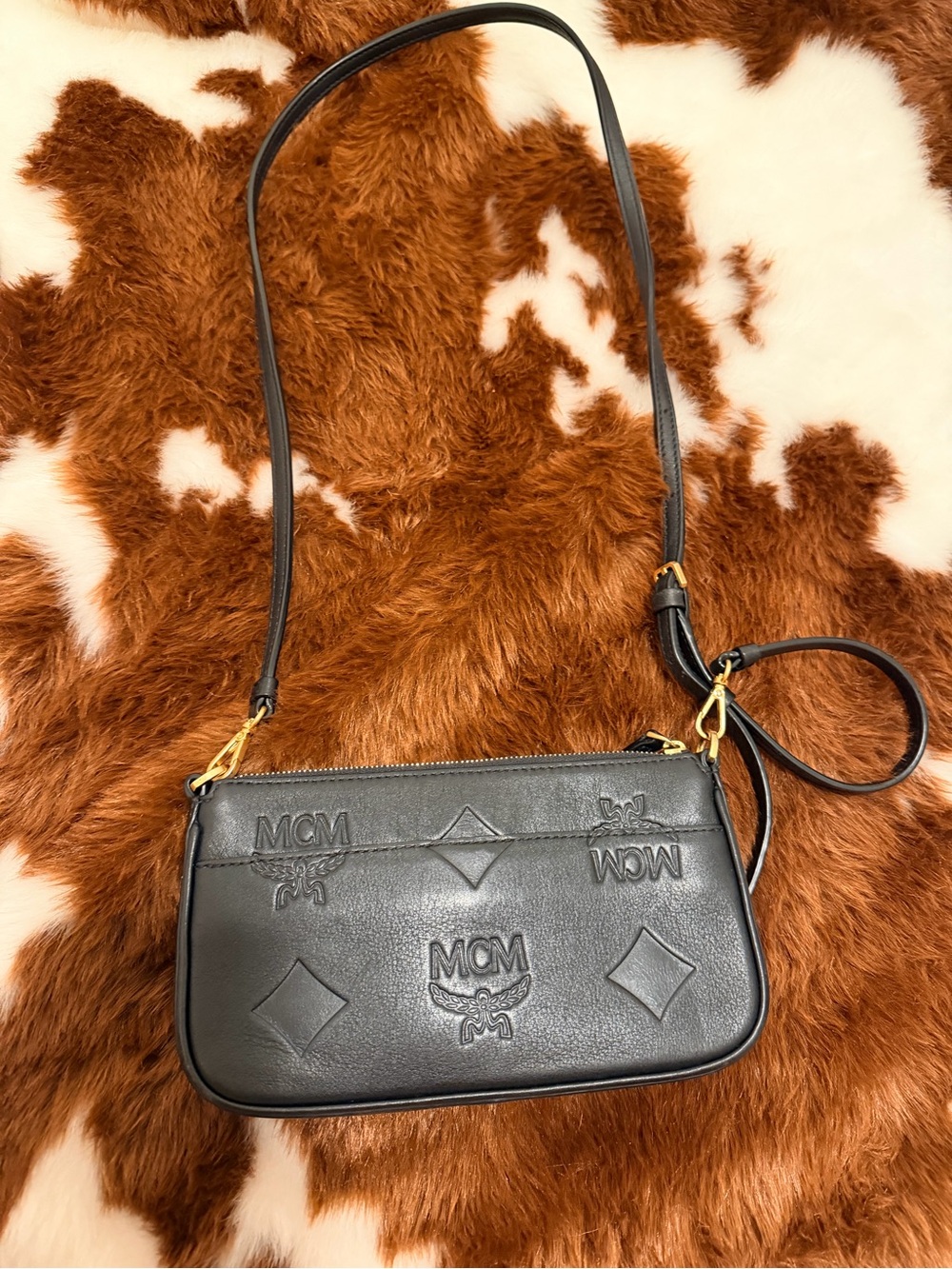 MCM Black Embossed Leather Crossbody Bag with Gold Hardware